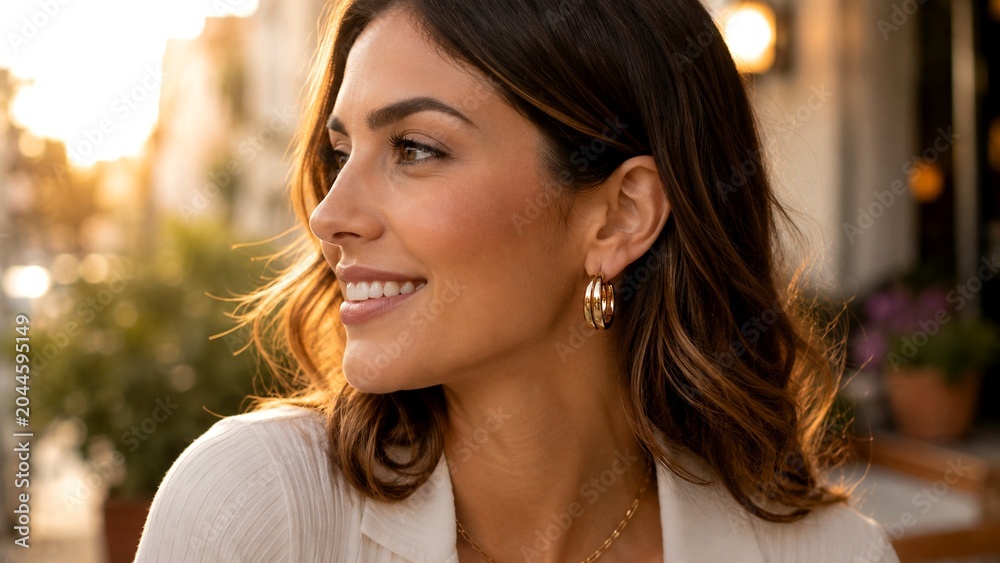 Obraz premium A woman modeling gold hoop earrings