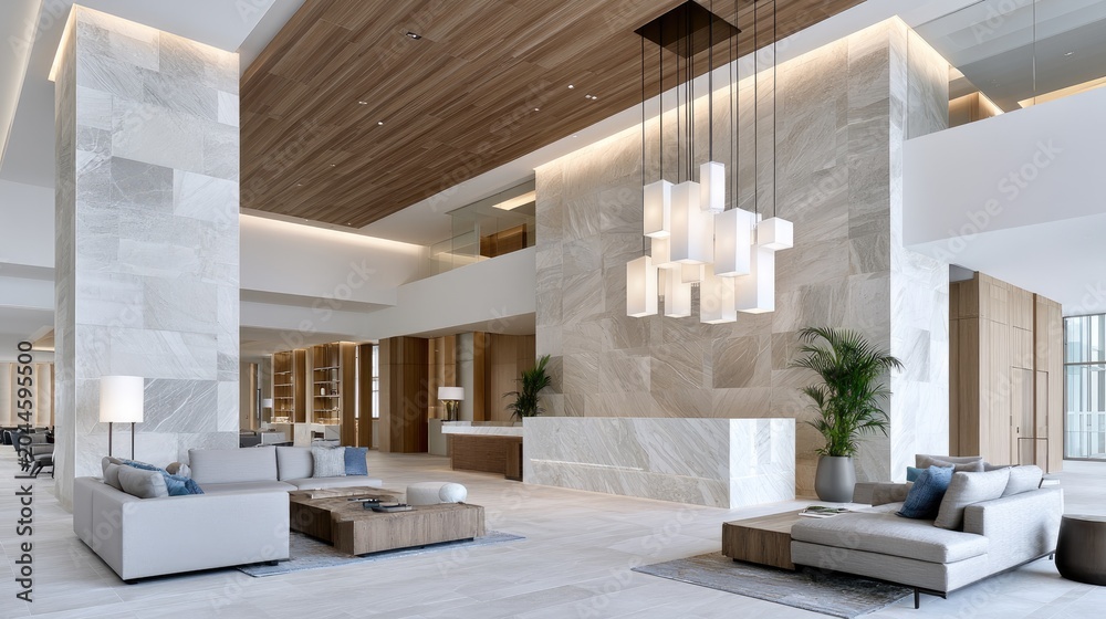 Naklejka premium Architectural Interior Photography of Elegant Luxury Hotel Lobby, High Ceilings, Premium Materials, Sophisticated Lighting Design, Warm Inviting Atmosphere, Hospitality Marketing Aesthetic