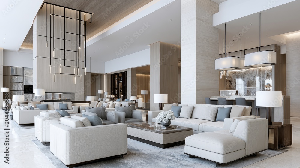 Naklejka premium Architectural Interior Photography of Elegant Luxury Hotel Lobby, High Ceilings, Premium Materials, Sophisticated Lighting Design, Warm Inviting Atmosphere, Hospitality Marketing Aesthetic
