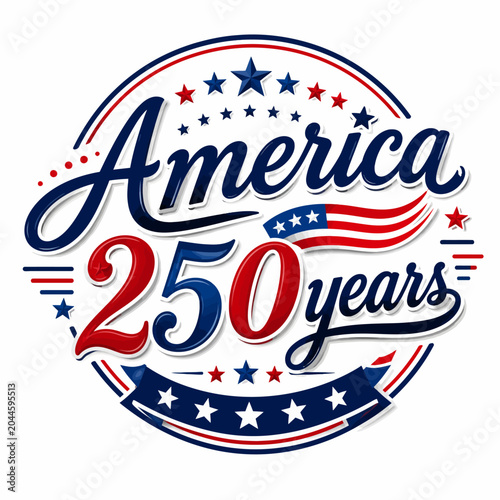 America 250 years in a circle with patriotic stars and stripes