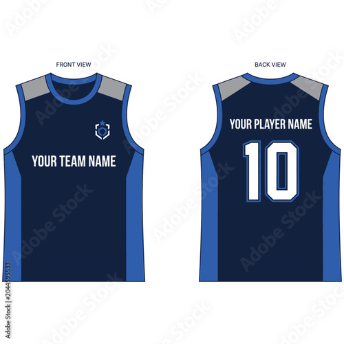 Navy blue basketball jersey uniform template with royal blue accents, basketball