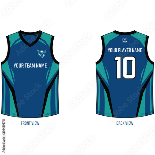 Professional sports jersey template front and back view in blue and cyan
