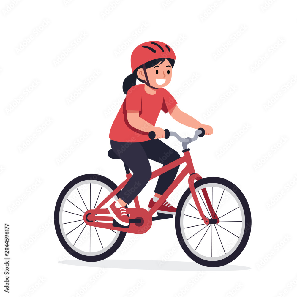 Naklejka premium A smiling young girl wearing a red helmet rides a red bicycle, enjoying outdoor activity with a clean, minimalist white background, conveying a cheerful and active mood
