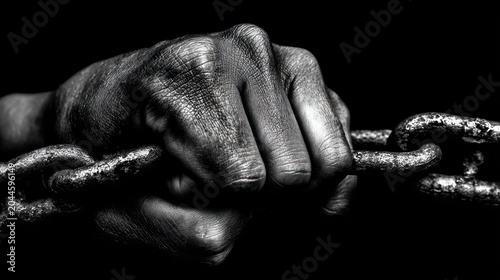 Close up of a hand gripping a rusty chain against a dark backdrop
