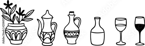 Hand drawn Mediterranean pottery, wine glasses and decorative vase illustrations in minimal outline style. Rustic kitchen and restaurant design elements set