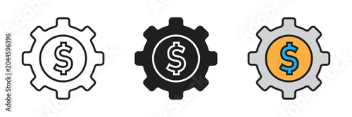 Financial Optimization And Management Icon. Financial setting and money optimization icon set presenting a mechanical gear wheel with a dollar sign symbol inside the center.