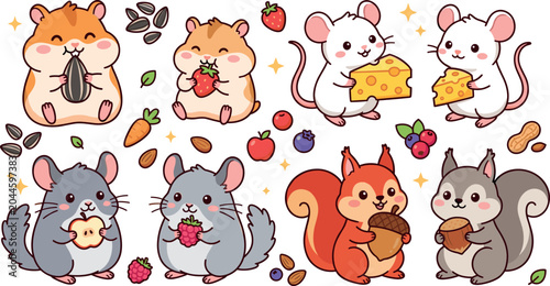 Foto Cute Kawaii Hamster, Mouse, Chinchilla, and Squirrel Character Set Holding Food