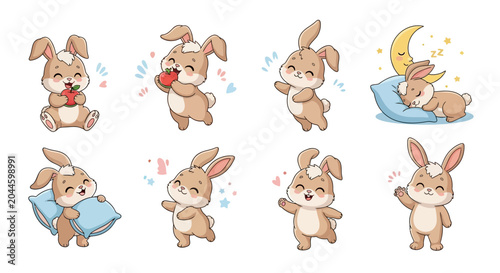 Cute cartoon bunny stickers set in various poses and expressions