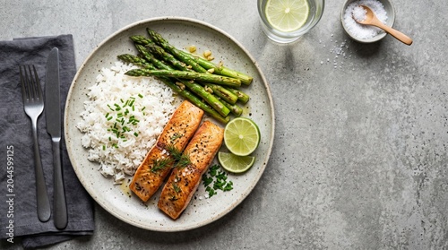 Top view of grilled salmon fillets with white rice, roasted asparagus, and lime slices on a ceramic plate.