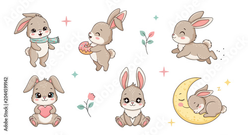 Cute Cartoon Bunny Set with Hearts and Moon, Whimsical Vector Clip Art