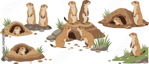 Foto Cute Prairie Dog Character Set Featuring Wild Gophers standing Guard and Peeking