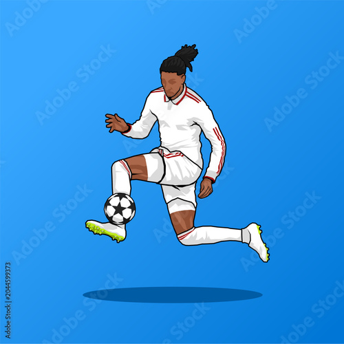 Dynamic cartoon illustration of a soccer player with dreadlocks in white and red uniform, powerfully kicking a Champions League ball in mid-air against a solid blue background.