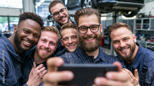 Selfie en primer plano de un equipo diverso y feliz de mecánicos de autos en un taller, concepto de teambuilding y recursos humanos, generado por IA
