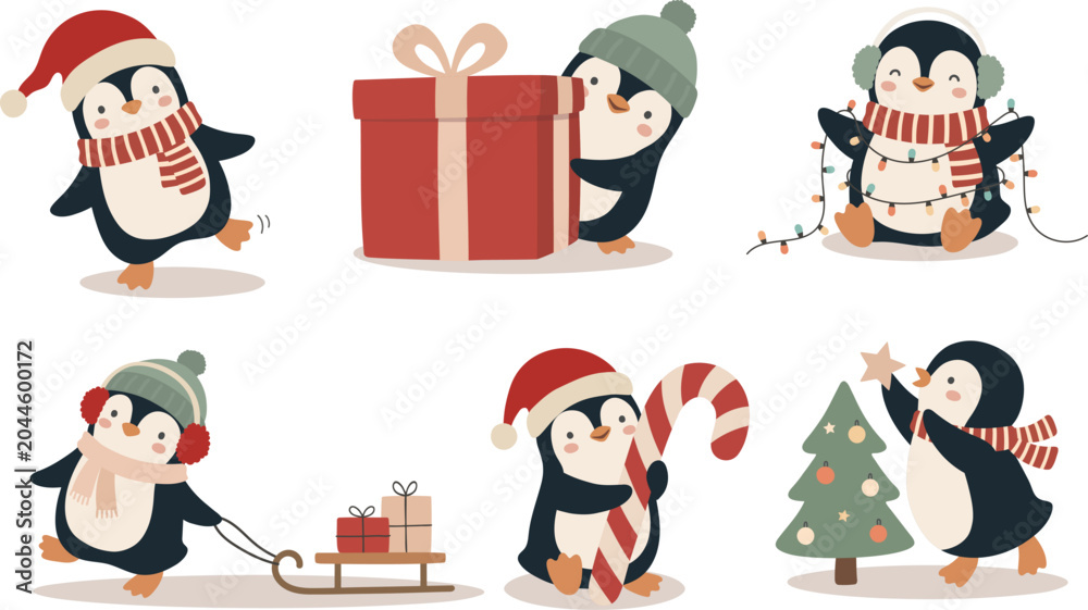 Fototapeta premium Christmas cartoon penguin collection with gifts, lights, candy cane and tree. Cute festive winter character set illustration