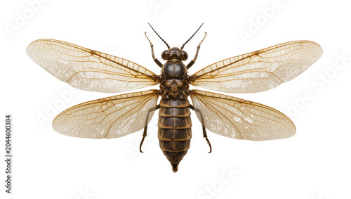 Tableau sur toile Dark brown dobsonfly insect with translucent veined wings spread wide