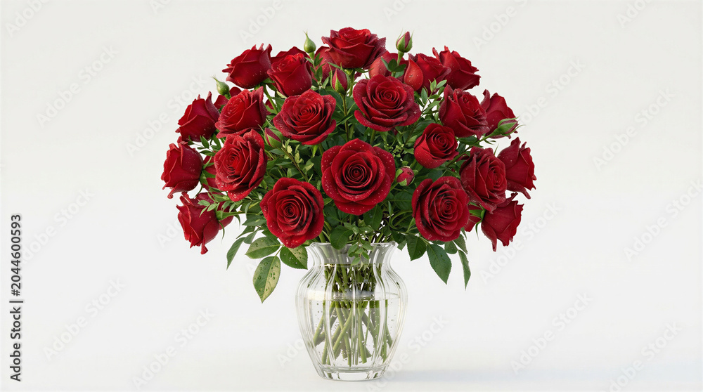 Obraz premium Fresh Red Rose Bouquet in Glass Vase Isolated on White Background