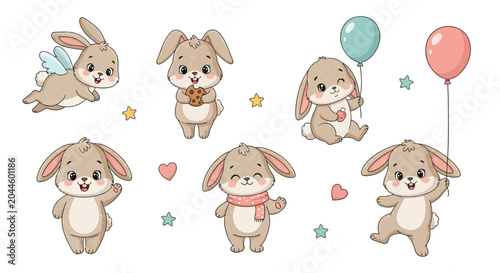 Cute cartoon bunny set with balloons and cookies, playful character