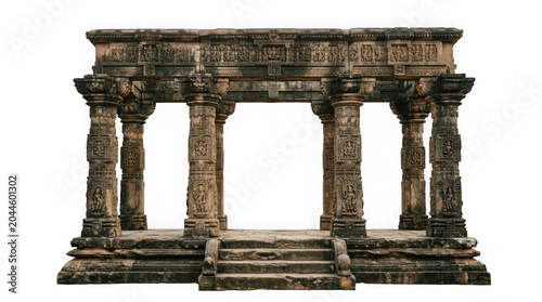 Decorative ancient stone colonnade structure with intricate carvings isolated on transparent background