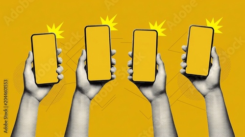 Hands holding smartphones against a bright yellow background