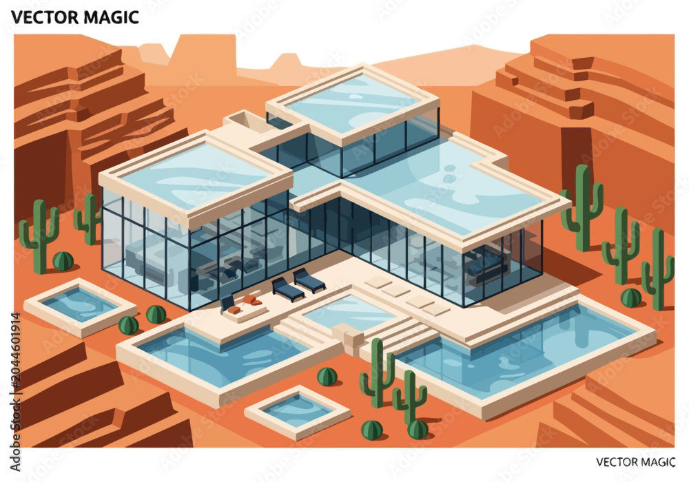 Fototapeta premium Modern luxury villa with swimming pools in a desert landscape with cacti and rock formations.