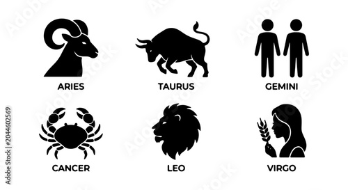 Schilderij op canvas Zodiac Constellation Icons: Aries, Taurus, Gemini, Cancer, Leo, Virgo Symbols
