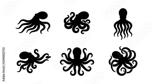Foto Set of 6 Black Octopus Silhouettes, Marine Life Icons, Underwater Creature Vecto