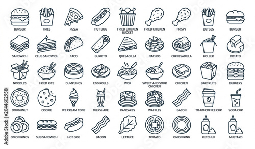 Quadro su tela Editable Stroke Fast Food Vector Icon Collection with American Mexican and Chine