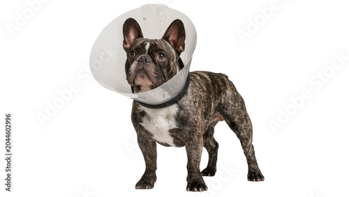 Photos Brindle French Bulldog wearing a clear Elizabethan collar