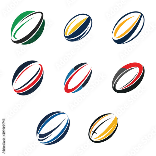 Colorful rugby balls in various designs