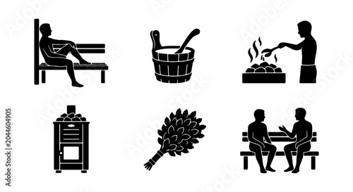Quadro su tela Sauna Icons Set, Relaxation and Wellness Vector Graphics, Steam Bath Elements