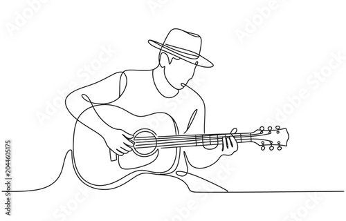Photography Person sing a song with acoustic jazz guitar continuous one line art drawing vector