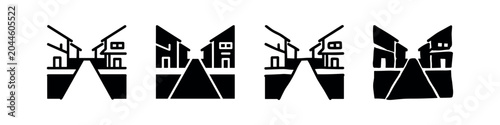 Photos Row of houses and street, stylized line art and silhouette icons