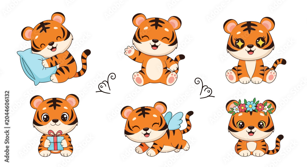 Fototapeta premium Cute baby tiger stickers set in various poses and expressions