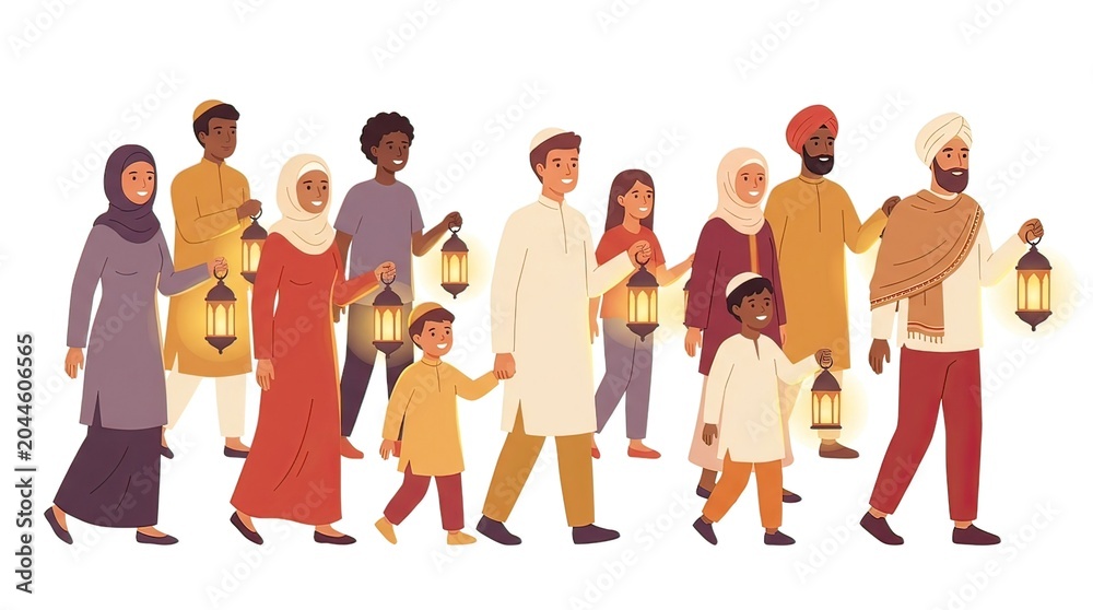 Obraz premium Cultural Celebration, Family and Friends, City Streets, Illustration, Evening Atmosphere, Side View, Community Spirit
