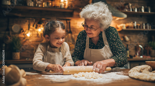 Family baking grandmother child dough kitchen family baking together rustic kitchen, grandmother help child roll dough