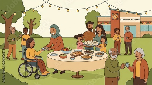 Community Gathering, Families, Public Park, Illustration, Outdoor, Joyful Atmosphere, Togetherness