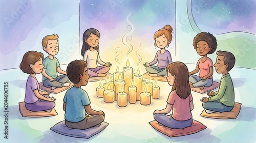 Meditation Gathering, Friends, Cozy Room, Illustration, Peaceful Atmosphere, Side View, Mindfulness and Connection