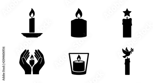 Tableau sur toile Memorial candle icon set, 6 black vector silhouettes, funeral and vigil symbols