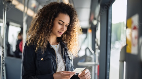 Woman public transport ticket passenger fare payment bus passenger paying fare ticket during commute, cashless travel