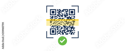 Digital QR code scanner icon with yellow laser line, mobile barcode scanning interface, verified checkmark symbol for secure payment and data access