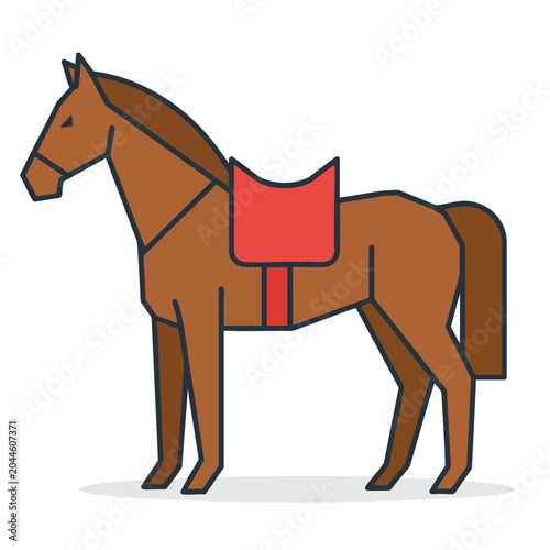 Minimalist vector illustration of a brown horse with a red saddle.