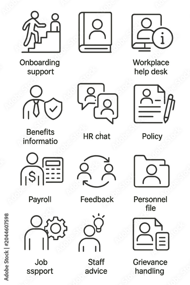 Fototapeta premium Icons illustrating various workplace support and hr services