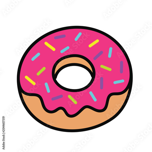 Cartoon donut with pink frosting and colorful sprinkles.
