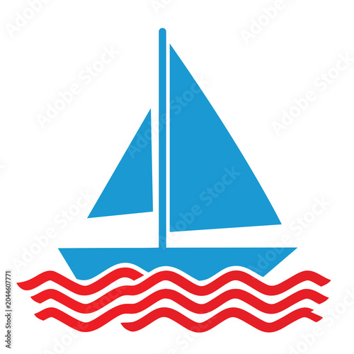 Minimalist blue sailboat icon floating on red stylized wavy water lines.