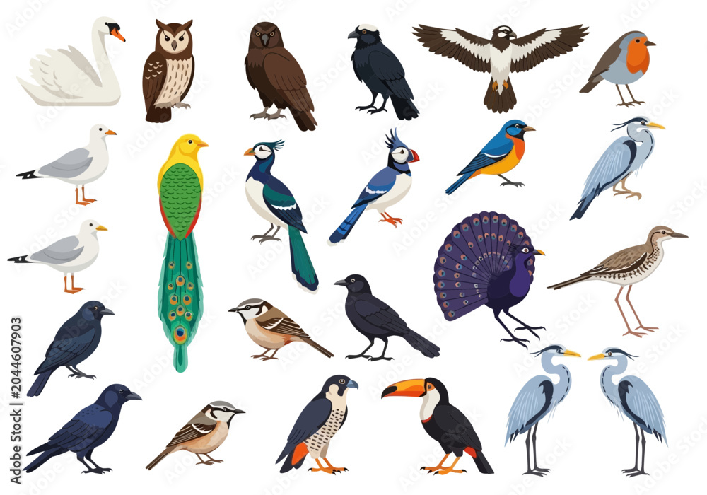 Obraz premium A Collection of Diverse Bird Species, Featuring Owls, Toucans, Peacocks, and More