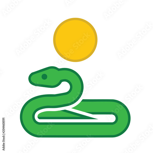 Minimalist green snake logo illustration with yellow sun circle.