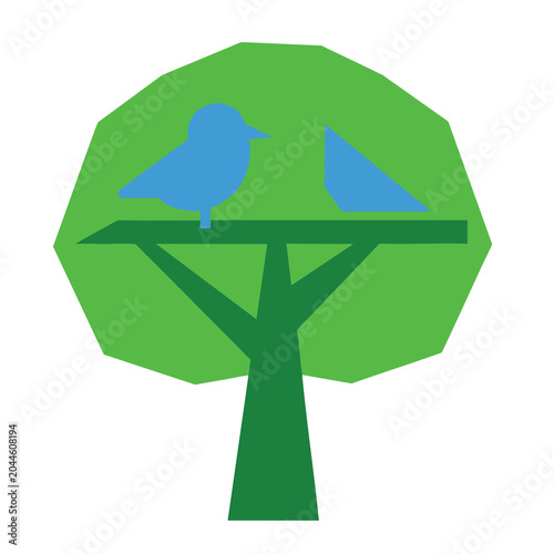 Minimalist vector illustration of blue birds perched on a green tree.