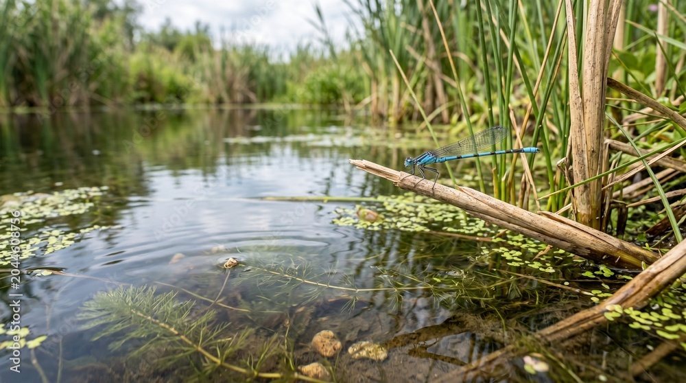 Fototapeta premium Freshwater pond edge with aquatic plants and dragonfly for biodiversity, wetland conservation, climate resilience, and environmental education visuals.