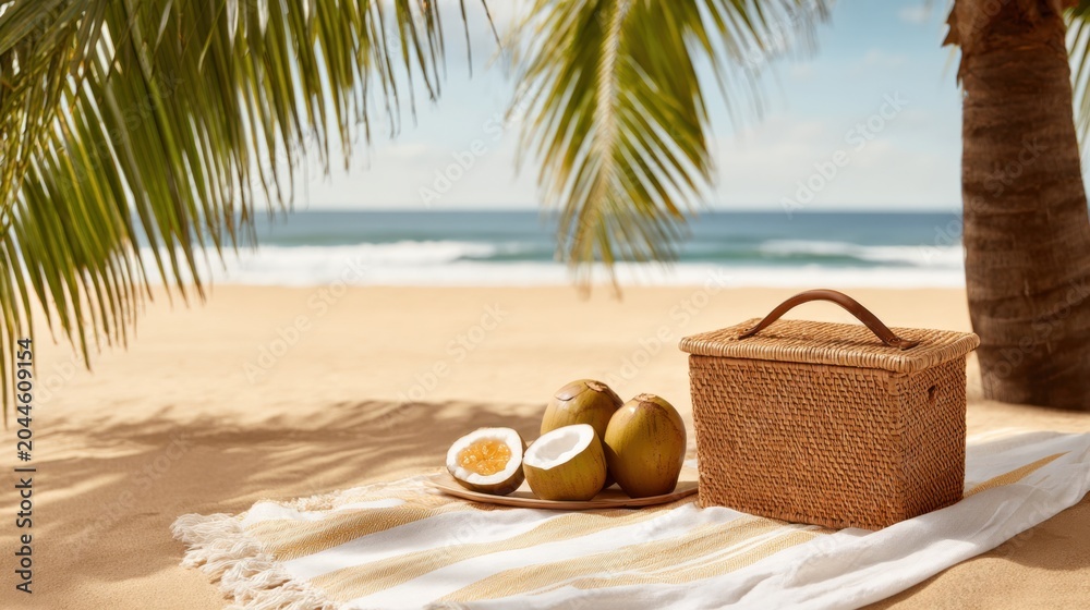 Fototapeta premium A serene beach picnic scene featuring fruits and a basket resting on a blanket under palm trees
