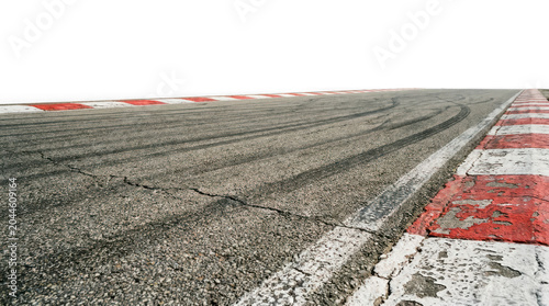 Racing circuit asphalt track edge with red and white curb markings isolated on transparent background